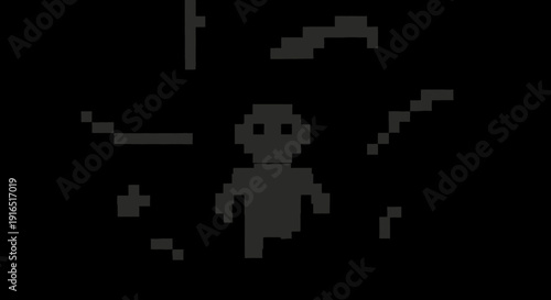 Retro Pixelated Humanoid Character in Old Video Game Style on Dark Background