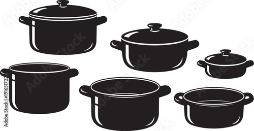 Collection of black cooking pots and pans illustration set