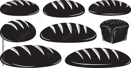 Set of black bread loaves and sliced bread illustration