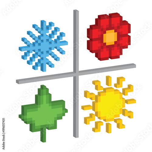 3D isometric pixel art four seasons icon 8 bit vector icon for computer game, logo
