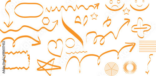 Collection of abstract yellow squiggles and lines on white background