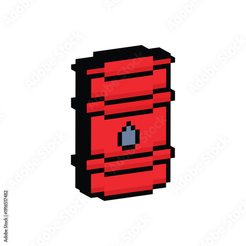 3D isometric pixel art oil barrel 8 bit vector icon for computer game, logo