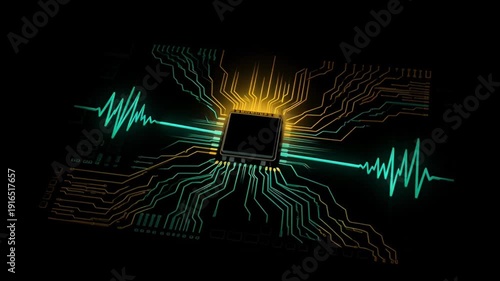 Minimal flat vector motherboard with golden sunrise circuit glow animation