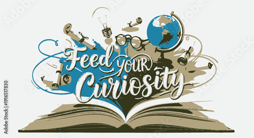 Education and learning concept with 'Feed your Curiosity' text on an open book, surrounded by science and knowledge icons.