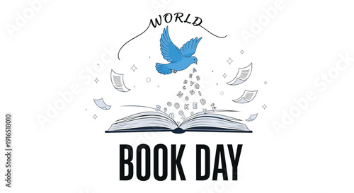 World Book Day vector illustration, literary celebration icon with open book and flying dove, surrounded by papers and stars. Created in simple style with black and blue palette.