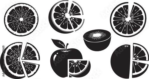 Black and white fruit icons with slices and halves