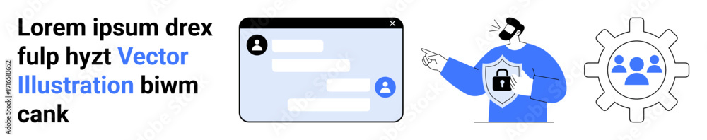 Fototapeta premium Online security, user authentication, privacy protection, digital identity, secure communication, data protection. A man holding a shield with a lock, chat interface and teamwork gear. Online