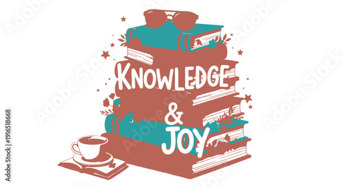 Education and happiness vector icon, Knowledge & Joy symbol, books and coffee cup logo.