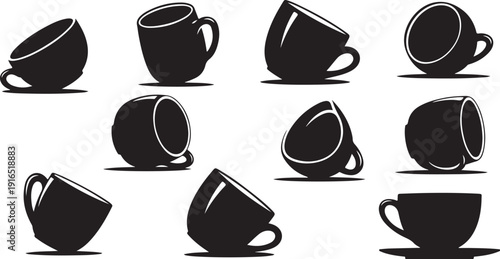 Set of black coffee cups in various positions illustration