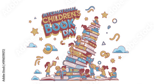 Children's Book Day icon collection. Includes book, reading, kids, education, learning, literacy, school, library, bookshelf, reading glasses, and bookworm symbols. Created in colorful flat style