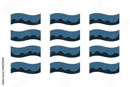 Blue and black wavy abstract shapes arranged in rows on white background
