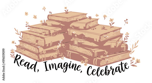 Vector illustration of stacked books with flowers and 'Read, Imagine, Celebrate' text, isolated on transparent background