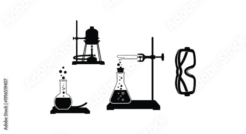 Illustration of scientific lab equipment including a Bunsen burner, tripod with beaker, Erlenmeyer flask on a stand, test tube with clamp, and safety goggles