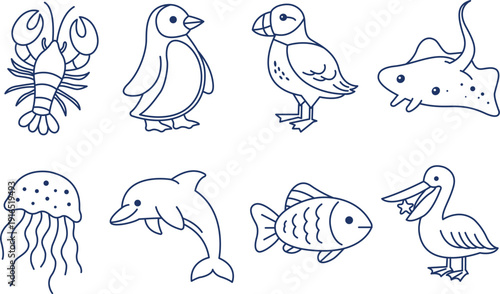 Set of 8 sea creatures. Lobster, penguin, puffin, jellyfish, fish, pelican, skat, bird; dolphin, stingray. Line icons on white background. Outline vector illustration