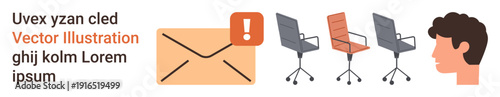 Business communication, workplace management, team collaboration, hiring process, office setup, corporate workflow. Envelope with alert sign, office chairs and profile silhouette. Business