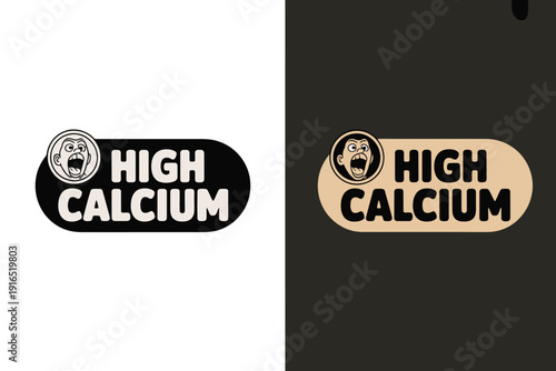 High Calcium Logos on White and Dark Backgrounds with Cartoon Character