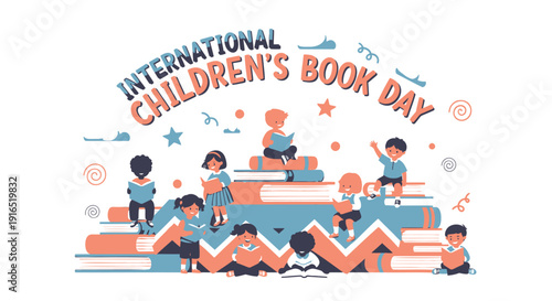 International Children's Book Day icon collection. Includes book, reading, kids, education symbols. Created in colorful flat style with orange, blue palette