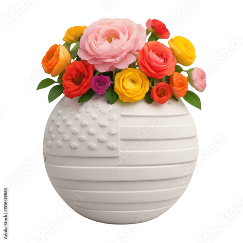 PNG Vibrant flowers in textured vase.