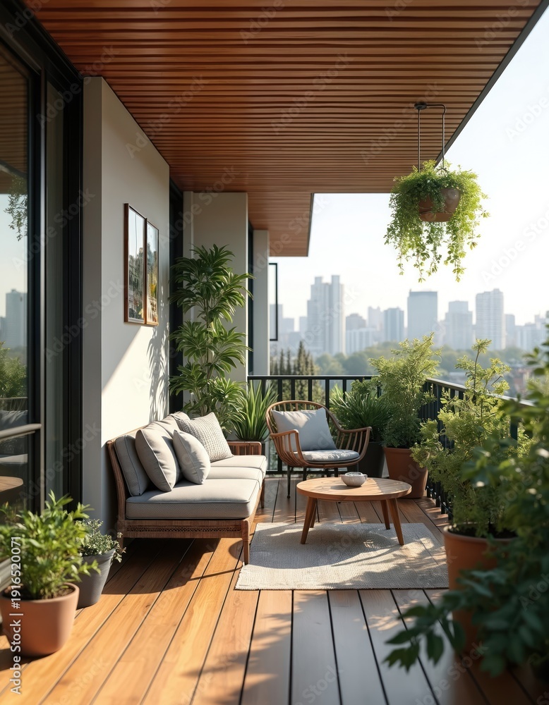 Fototapeta premium Modern balcony with wooden floor and plants. Sofa and chair on patio with city view. Comfortable outdoor space for relaxing and enjoying nature in urban setting.