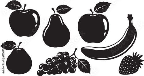Black and white fruit icons with leaves and stems