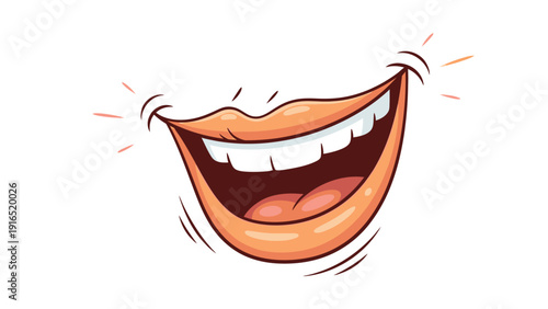 Cartoon illustration of a smiling mouth with white teeth and motion lines on a white background conveying excitement.