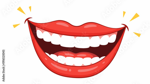 Cartoon illustration of a smiling mouth with red lips and white teeth on a white background, conveying a happy mood.