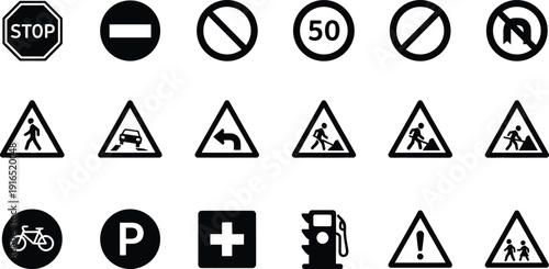 Road Sign Collection: A comprehensive set of essential road signs, conveying vital information for road users, ensuring safety and effective navigation.
