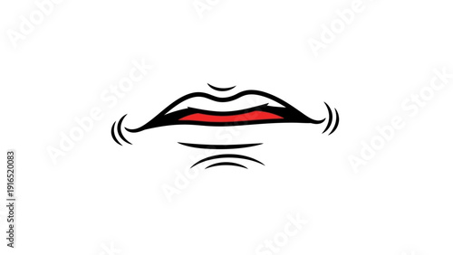 A minimalist illustration of a mouth with red lips and motion lines on a white background conveying dynamic speech or expression.