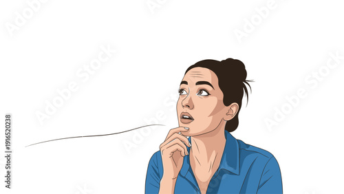 Illustration of a thoughtful woman with her finger on her chin looking up with a questioning expression on a plain white background.