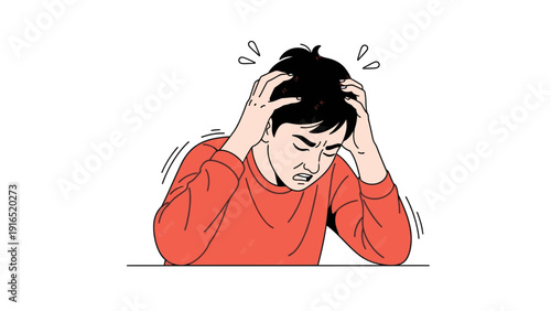 Illustration of a stressed young man with his hands on his head in frustration or despair against a clean white background.