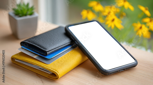 Personal finance and travel budget concept with smartphone leaning on stacked wallets and credit cards on wooden desk for expense planning app, fare calculator, banking website banner and background