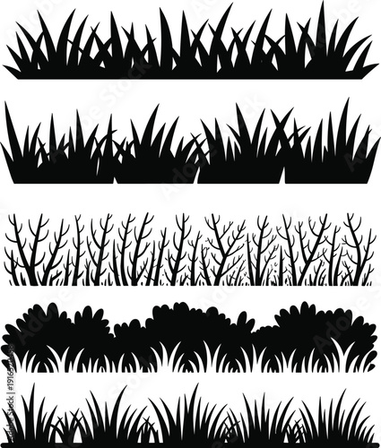 Grass and bush silhouette collection isolated on white background, decorative nature border elements with plants, shrubs and foliage for landscape design illustration