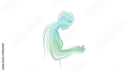 A blue and green line drawing of a man looking down at his hands against a white background with a minimalist style.