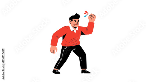 A cartoon man in a red shirt throwing a credit card on a white background with a dynamic pose.