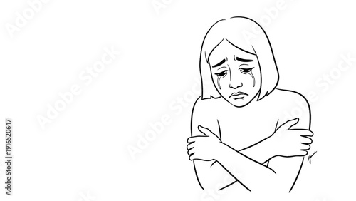 Line drawing of a sad woman with her arms crossed over her chest in a simple white background with a melancholic mood.
