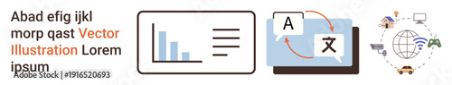 Data analytics, language translation, global communication, education tools, international business, technology integration. Graph, text translation icons with connectivity visuals. Data analytics