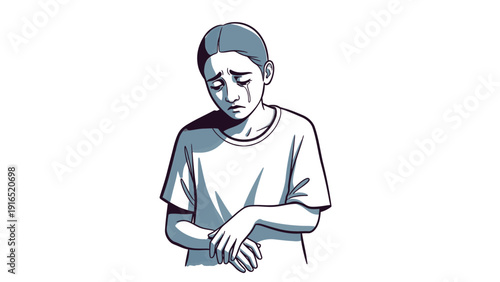 Illustration of a young woman with her arms crossed looking down in a blue and white color scheme on a white background.