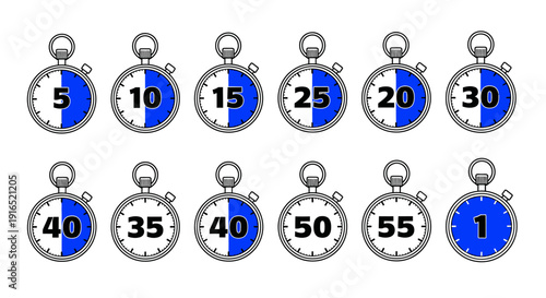 A collection of stopwatches displaying various times in a grid layout on a clean white background from a direct viewpoint