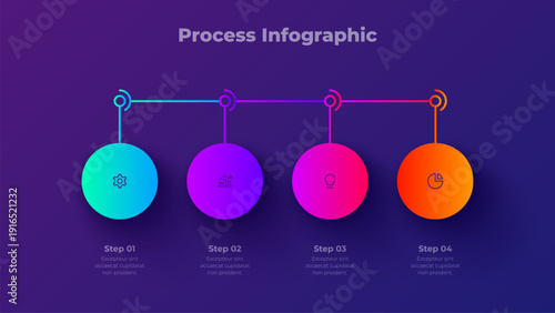 Timeline infographic template with 4 steps and hanging elements. Dark vector process chart