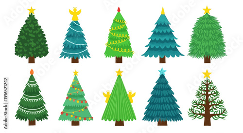 Collection of diverse Christmas trees with varied decorations and designs displayed in a grid arrangement