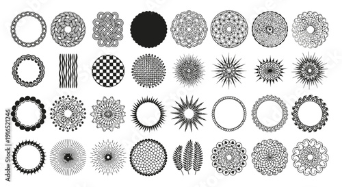 Collection of various circular shapes and patterns in black and white, showcasing diverse designs and textures in a grid layout.
