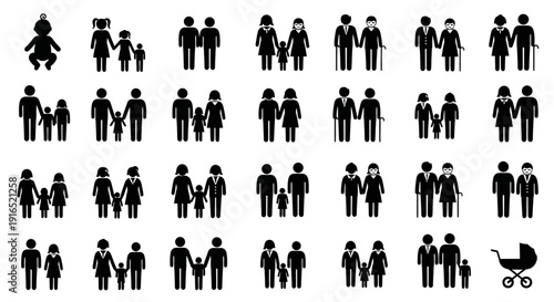 Diverse group of people in various stages of life and relationships, showcasing family, love, and community, depicted in simple black silhouettes