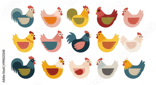 Collection of colorful chicken and rooster illustrations, farm animals, poultry set, various breeds, vector graphics