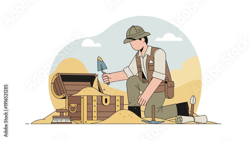 Man Discovering Treasure Chest with Shovel.