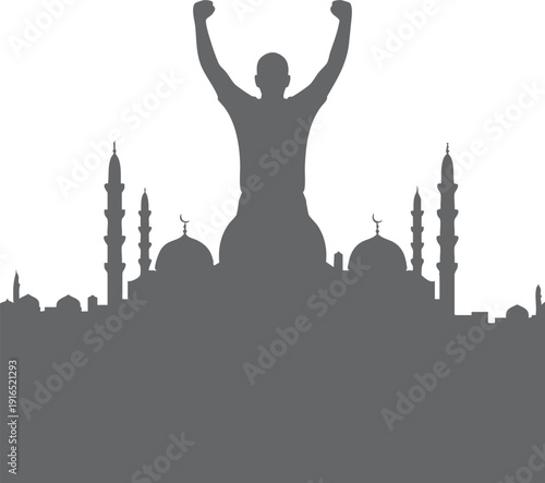 Man raising hands over mosque silhouette on background
