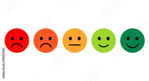 A series of emoticon faces displaying different emotions from sad to happy in a row