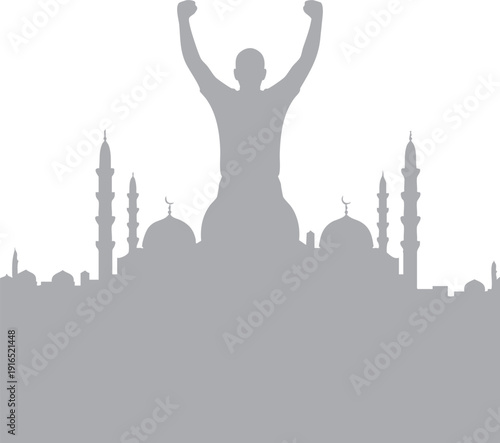 Man raising hands over mosque silhouette on background
