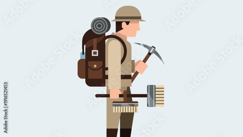 Cartoon Hiker with Backpack and Pickaxe.