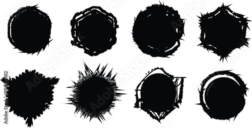 Collection of eight black ink stamps or smudge illustrations