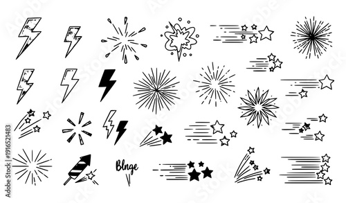 Cute Fireworks Line Doodle Elements Set with Sparkle Explosion and Party Effects Vector